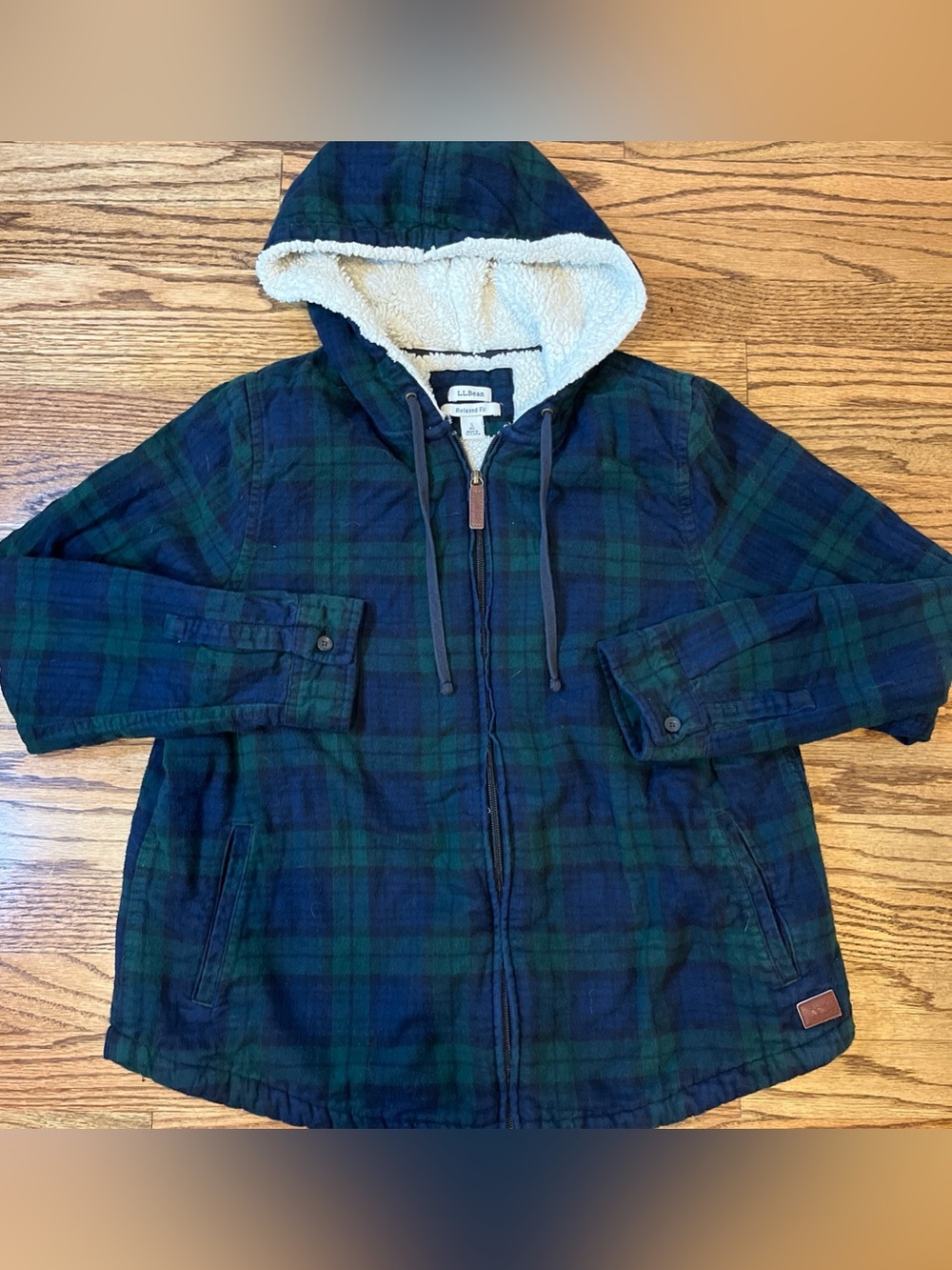 LL Bean Jacket Womens Small Green Blue Tartan Scotch Plaid Sherpa Lined Hooded